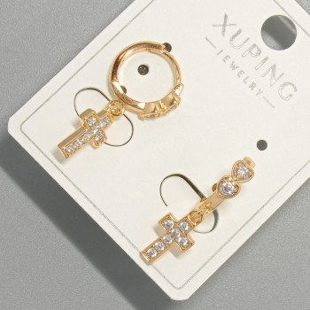 Earrings 'Cross' Xuping with white crystals, diameter 6x11mm, length 22mm, 18K gold plating