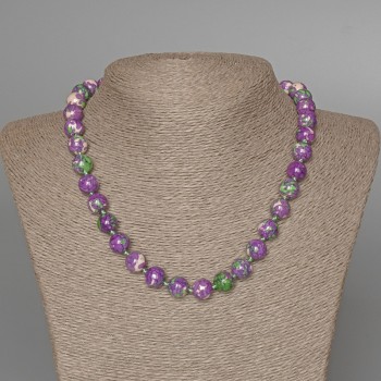 Necklace 'Variscite' (acrylic imitation) in purple, white, and green colors, smooth beads, diameter 10.5 mm, length 47 cm
