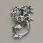 Dragon brooch pendant with blue, black, and gray matte enamel on silver-toned metal 42×58 mm