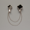 Shamrock Brooch for Cardigans - black plastic, silver-toned metal, 22×26 mm, 18×27 mm, 10 cm chain