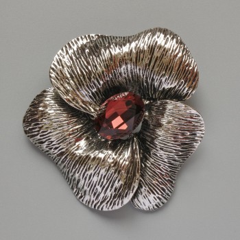 Flower Brooch Pendant with Red Crystal, Silver-Tone Metal, 55 x 63 mm