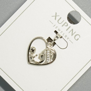Pendant "Heart" Xuping with white crystals, diameter 15.5×15 mm, length 20 mm, rhodium-plated