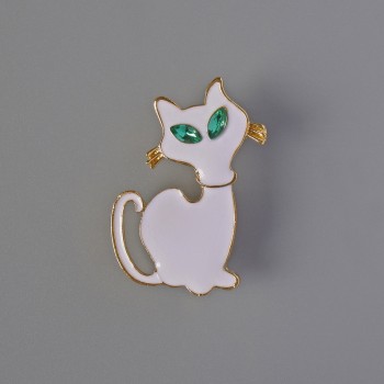 Brooch Kitty with white enamel, green crystals, golden metal 31x40 mm