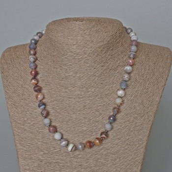 Botswana Agate Necklace with Natural Stone, Faceted Round Beads, 8 mm Diameter, Length 48 cm+