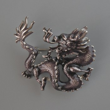 Dragon Brooch Pendant with Brown Enamel, Silver-Toned Metal 44×37 mm