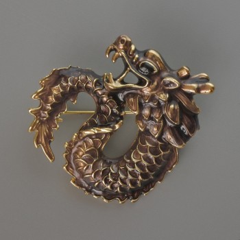 Dragon brooch pendant, brown enamel, gold-tone metal, 42x42 mm