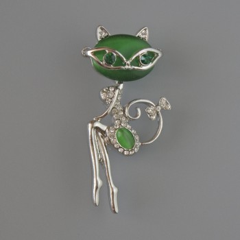 Cat Brooch-Pendant with Green Cat's Eye, Green and White Rhinestones, Silver-Tone Metal 23x52 mm