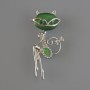 Cat Brooch-Pendant with Green Cat's Eye, Green and White Rhinestones, Silver-Tone Metal 23x52 mm