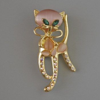 Kitty Brooch-Pendant with Pink Cat's Eye, Green Crystals, Pink and White Rhinestones, Gold-Tone Metal 25x55 mm