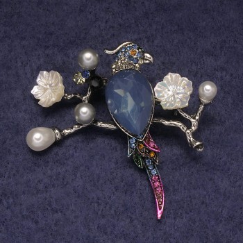 Parrot Brooch Pendant with Blue Crystal, Silver-Toned Metal 50x48mm