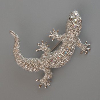 Lizard Brooch-Pendant with White and Pink Rhinestones, Light-Silver Metal 54x46 mm