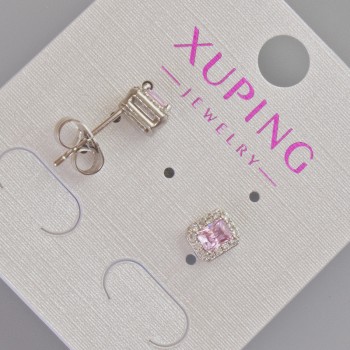 Xuping stud earrings with pink crystal and white rhinestones, diameter 6.5 x 5.5 mm - Rhodium-plated