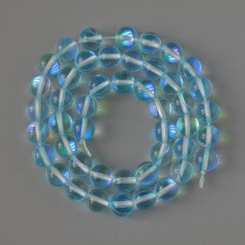 Opal glass beads, smooth round blue-transparent chameleon, 8 mm diameter, 38 cm length on thread