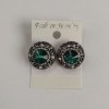 Stud earrings with round green crystals, delicate filigree setting, rhinestones, diameter 20 mm