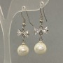 Earrings with White Crystal and Bead, 10 mm diameter, 36 mm length, Rhodium Plating