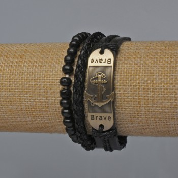 Men's three-piece bracelet set in black vegan leather (adjustable strap and elastic)