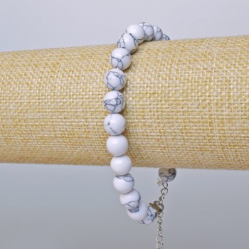 Cacholong Bracelet (man-made) Smooth Beads, 8 mm Diameter, 19–24 cm Length, Silver-Toned Clasp