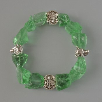 Bracelet: Green-Tinted Quartz, Unpolished Faceted Stone, 10x13mm, 18cm Stretch with Metal Inserts