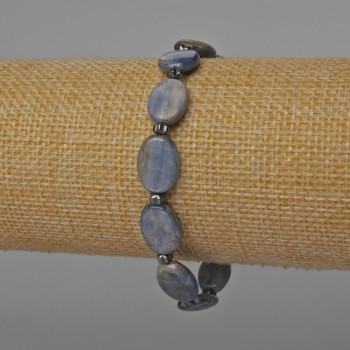 Kyanite Bracelet with Natural Stone, Oval Shape, 10x14 mm, Length 18 cm (Stretch) with Hematite Inlays