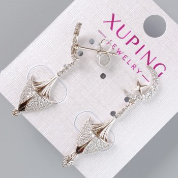 Xuping Stud Earrings with White Crystals, Rhodium-Plated, Diameter 24×10 mm, 11×7.5 mm, Length about 40 mm