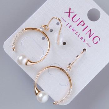 Earrings Xuping with White Crystals and a Bead, diameter 25x19, 5 mm, length 37 mm ±, no clasp, 18K gold plating