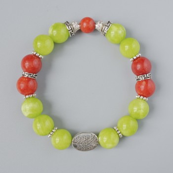 Bracelet with Red Jasper and Onyx (artificial) Smooth Beads, 10.5 mm Diameter, 18 cm Length, Elastic with Metal Inserts