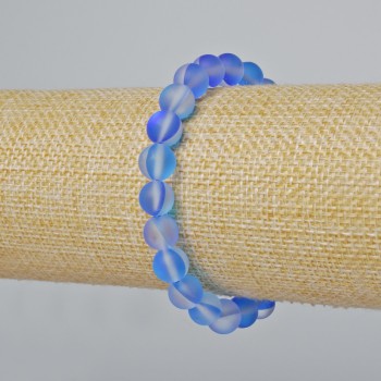 Opal Glass Bracelet with Smooth Beads, Blue Matte Chameleon Color, 8 mm Diameter, 18 cm Length (Stretch)