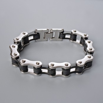 Silver-toned chain bracelet with metal and black rubber, 13.5 mm thick, 21 cm long +