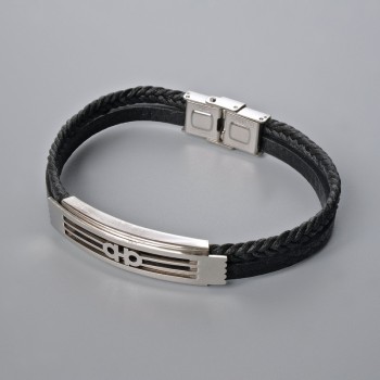 Men's bracelet with metal inserts, length 21 cm, thickness 10 mm +-, thickness of insert 12 mm +-, black eco-leather