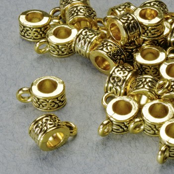 Bail holder fittings, diameter 6×5 mm, hole diameters of 1.8 mm and 3.7 mm, length 10 mm, gold-tone metal, pack of 20 g ± 30 pcs +
