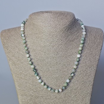 Moss Agate Necklace, natural stone, smooth beads, 6 mm diameter, 45–49 cm length