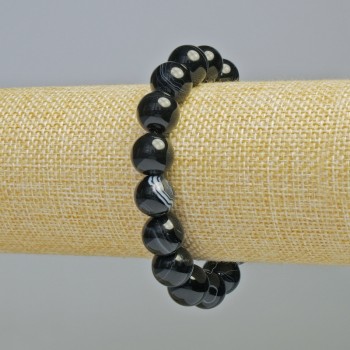 Black Agate Bracelet, natural stone, smooth beads, 12mm diameter ± (stretch), length 18cm+