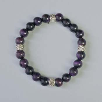 Bracelet with Purple Cat's Eye, natural stone, smooth beads, diameter 8.5 mm +/- (stretch), length 18 cm +/- with metal inserts