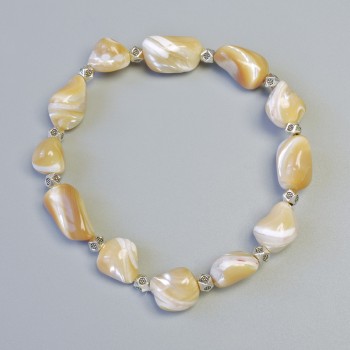 Beige Mother-of-Pearl Bracelet, Faceted, Diameter 10x13 mm +/- (Stretch), Length 18 cm +/- with Metal Inserts