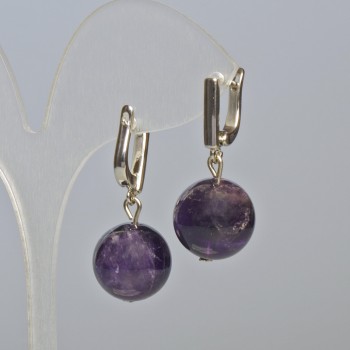 Amethyst Earrings, Natural Stone, Smooth Ball, 14 mm Diameter, 30 mm Length, English Clasp