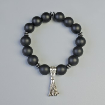 Bracelet Shungite (Artificial) Smooth Bead, 12 mm Diameter ± (Stretch), Length 18 cm ± with Hematite Inlays