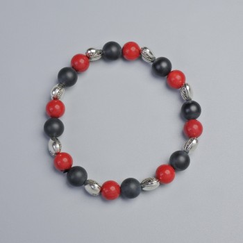 Coral and Shungite Bracelet (Synthetic) Smooth Beads, 8mm Diameter +/- (Stretch), Length 18cm +/- with Metal Inserts