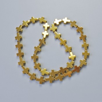 Hematite Beads "Cross" Golden Color, Diameter 8.5×10.5×3 mm ±, Length 40 cm ± on a thread