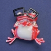 Frog in Glasses Brooch-Pendant Red and White Enamel Pink Rhinestones Gold-Tone Metal 38x35mm +