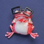 Frog in Glasses Brooch-Pendant Red and White Enamel Pink Rhinestones Gold-Tone Metal 38x35mm +