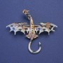 Dragon brooch-pendant with beige and white enamel, yellow crystals, golden metal color, 50×57 mm +