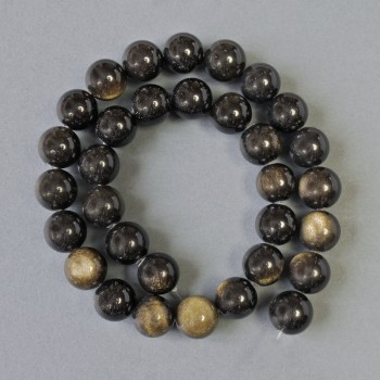 Sun Obsidian Beads on Thread, Smooth Round Beads, 12 mm Diameter, 38 cm Length