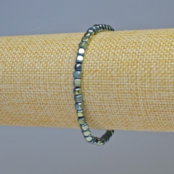Hematite Cube Bracelet, Green Chameleon, Matte and Glossy, 4x4 mm cubes, 18 cm length, stretch