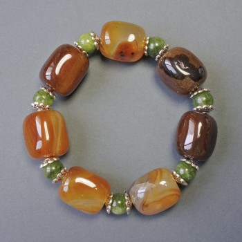 Bracelet with agate and jadeite, natural stone bar beads 19x15mm ±; jadeite smooth round beads 8mm ±; length 18cm ±; stretch