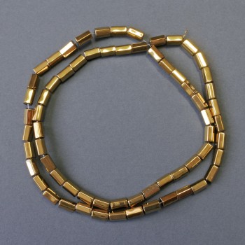 Hematite beads on thread, rectangular rounded shape, gold color, 6x4 mm diameter, 40 cm length