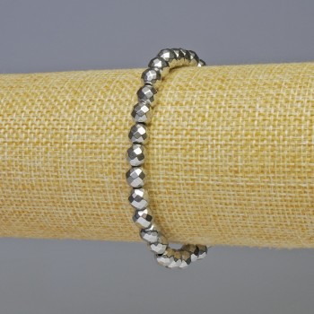 Hematite bracelet with faceted beads, silver color, 6 mm diameter, 18 cm length, stretch