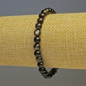 Bracelet of Silvery Obsidian - Smooth Beads, 6 mm Diameter, 18 cm Length (Stretch)