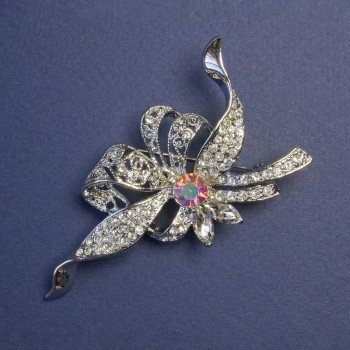 Accent Brooch with Iridescent Rainbow Crystal and White Rhinestones, Silver Metal 78x41 mm +
