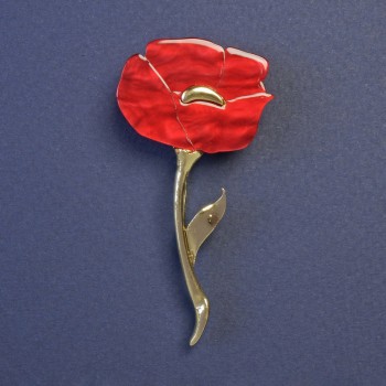 Red Poppy Flower Brooch with Red Mother-of-Pearl and Gold-Tone Metal 63×32 mm