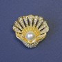 Shell with White Pearl Brooch, Crystals Encrusted, 28x28 mm, Gold-Tone Metal